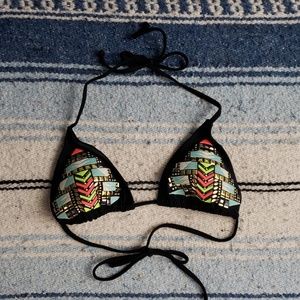 Black Embellished Aztec Print Bikini Top